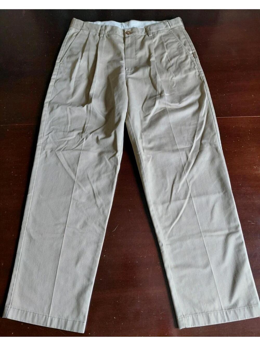 LL Bean Chino Pants Mens 35x30 Comfort Waist Beige Pleated Cotton Khaki